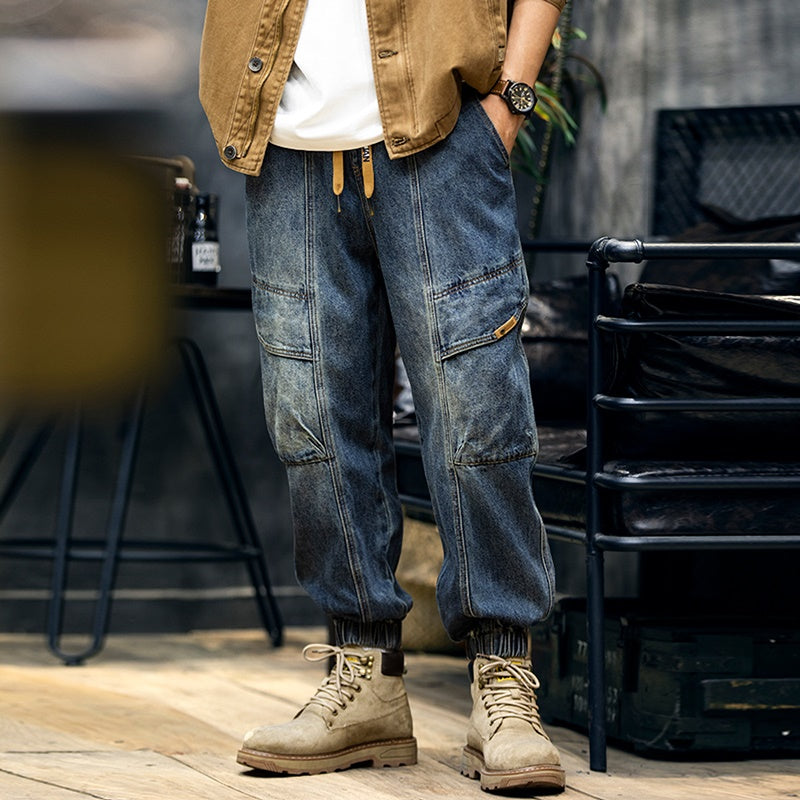 American washed denim jogger pants V0375