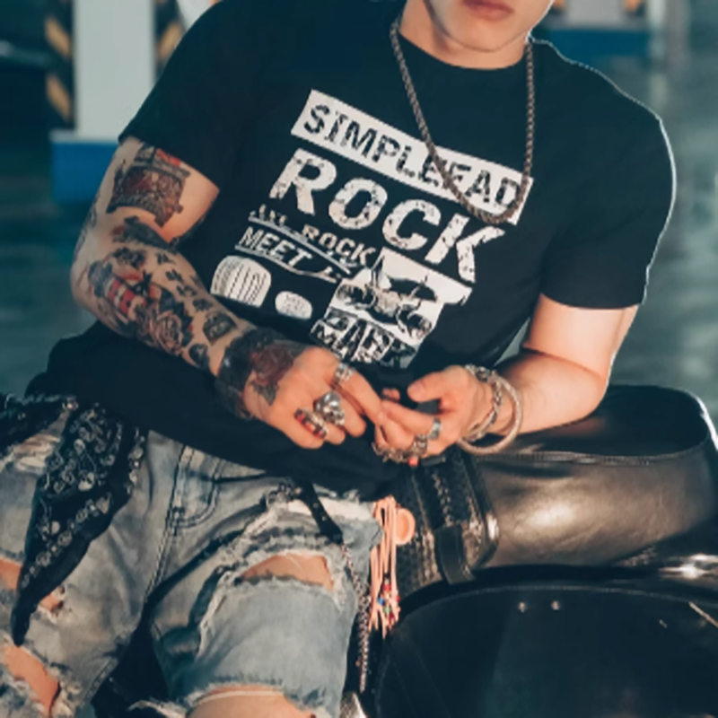 Rock Print Short T-Shirt V0002