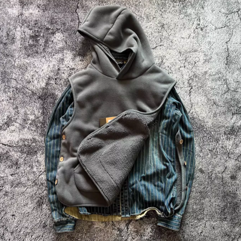 Side button fleece hooded vest V0467
