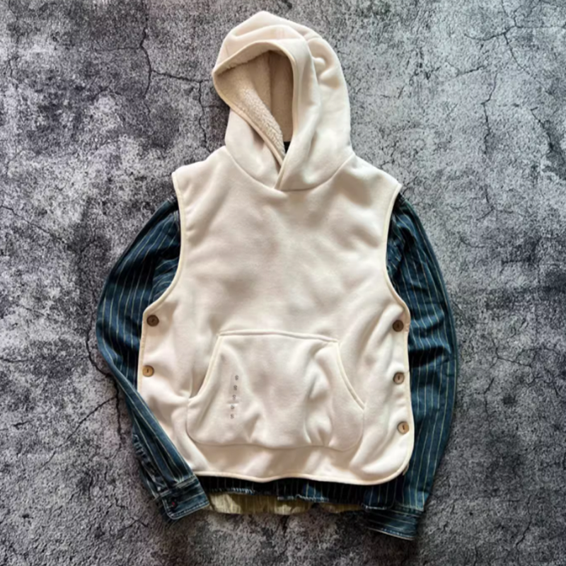 Side button fleece hooded vest V0467
