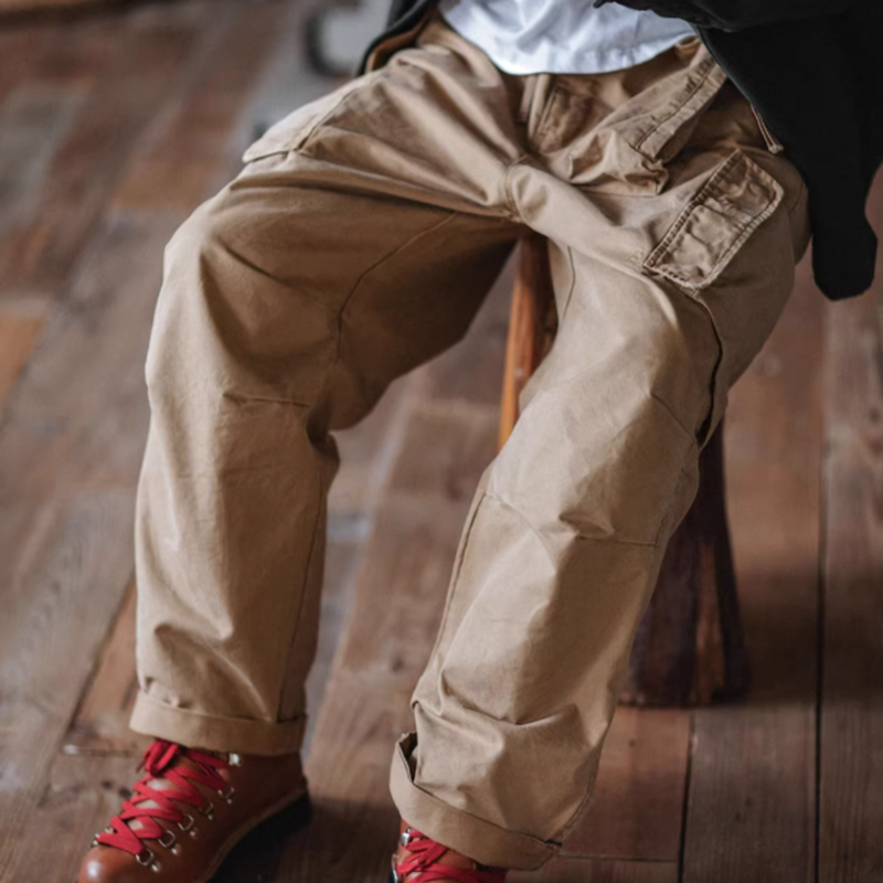 Multi-pocket washed wide pants V0520