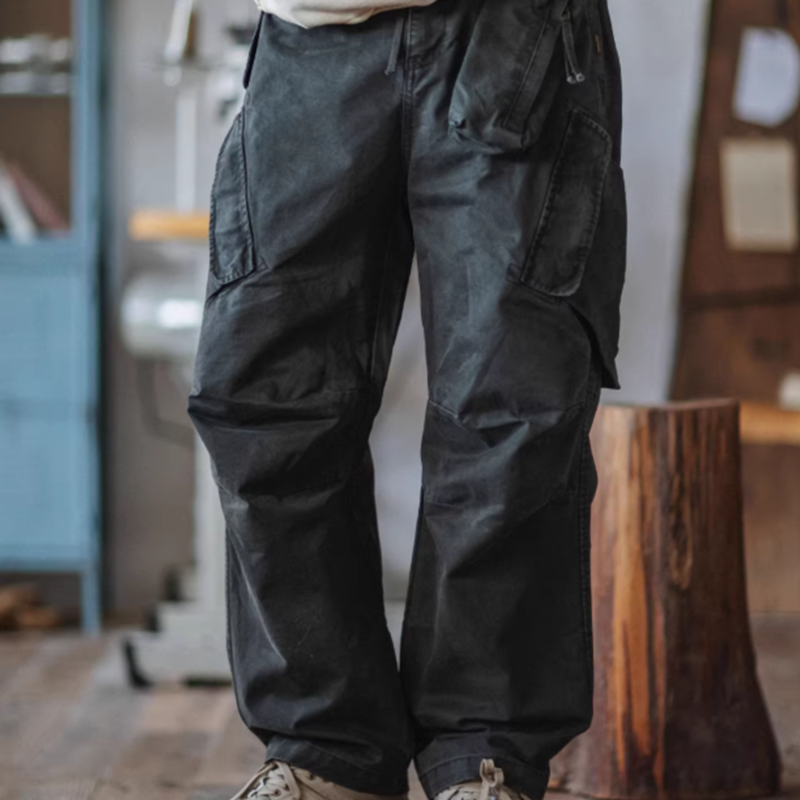 Multi-pocket washed wide pants V0520