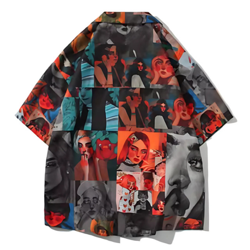 Cuban collar print short sleeve shirt V0546
