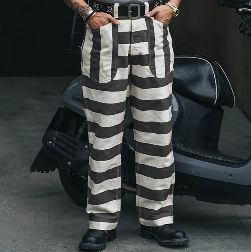 Striped Biker Prisoner Pants V0416
