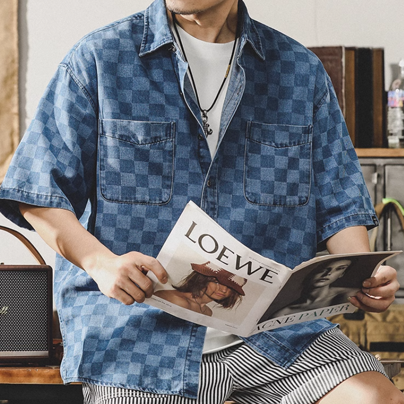 Checkered denim shirt V0049