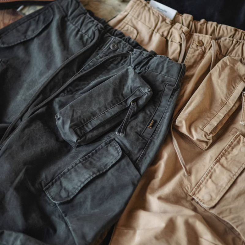 Multi-pocket washed wide pants V0520