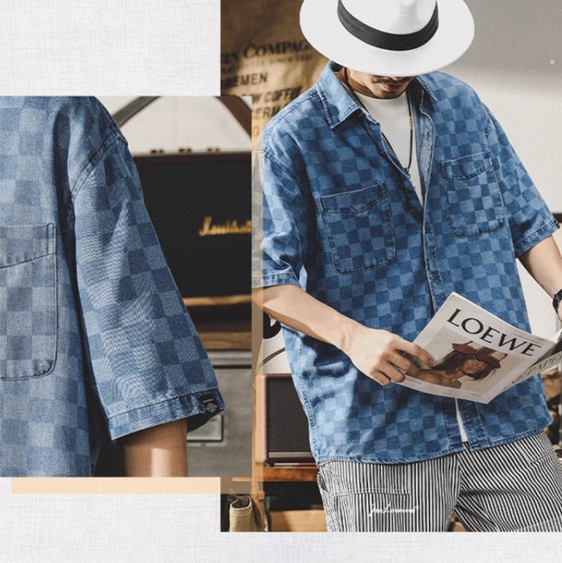Checkered denim shirt V0049
