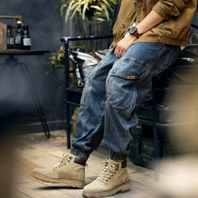 American washed denim jogger pants V0375