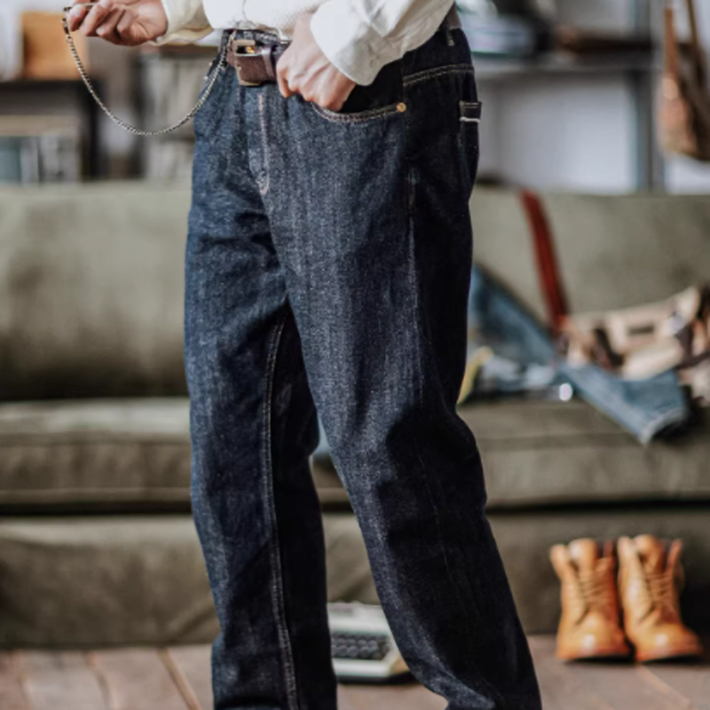 Washed indigo straight denim V0521