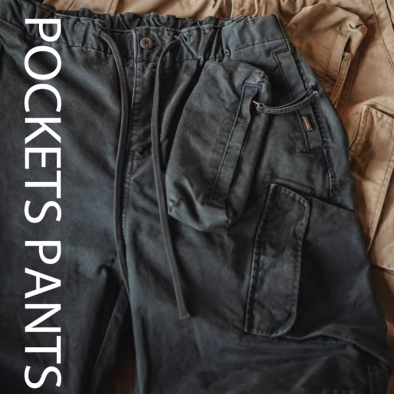 Multi-pocket washed wide pants V0520