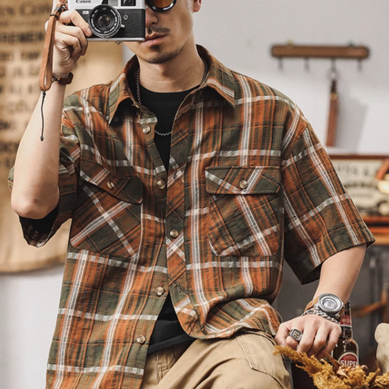 Retro Plaid Beach Shirt V0692