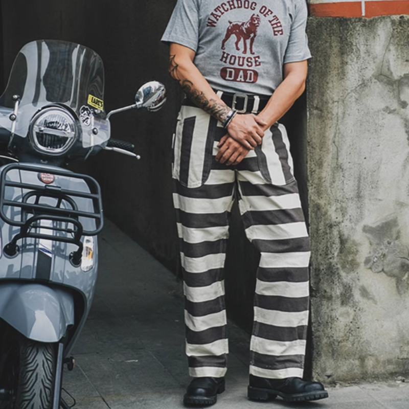 Striped Biker Prisoner Pants V0416