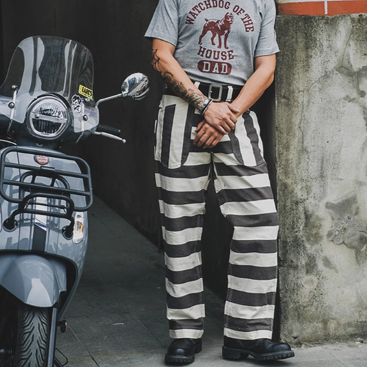 Striped Biker Prisoner Pants V0416