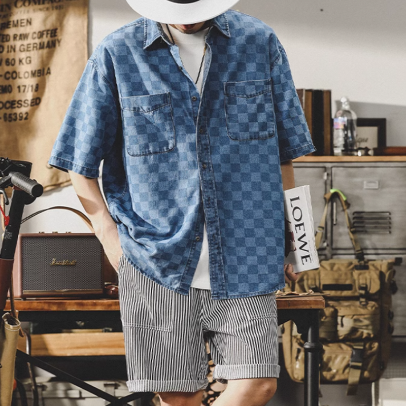 Checkered denim shirt V0049