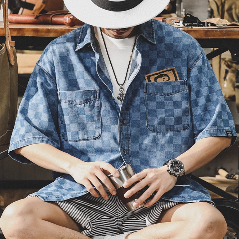 Checkered denim shirt V0049