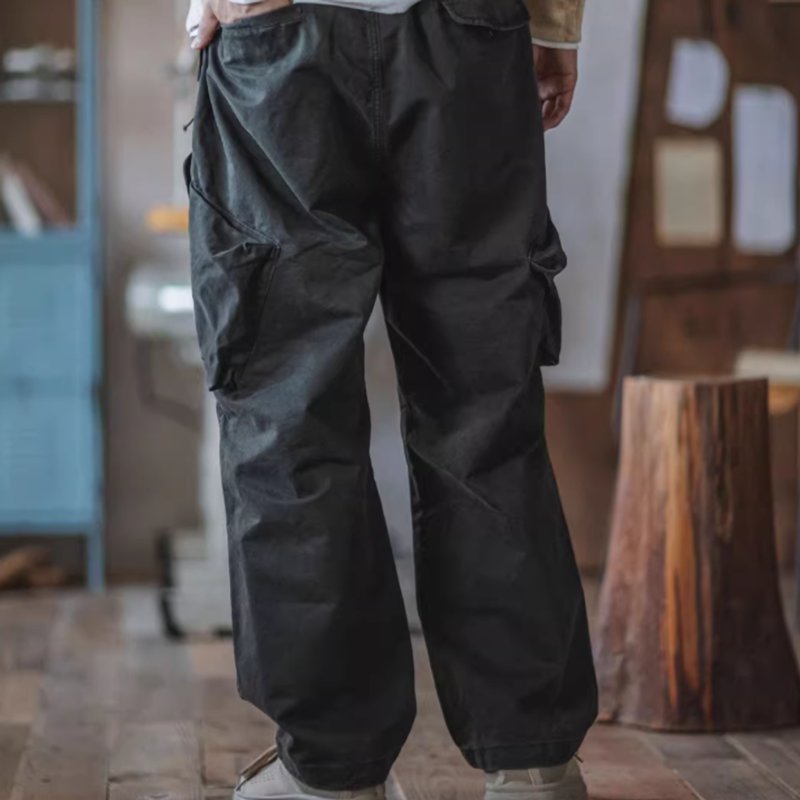 Multi-pocket washed wide pants V0520