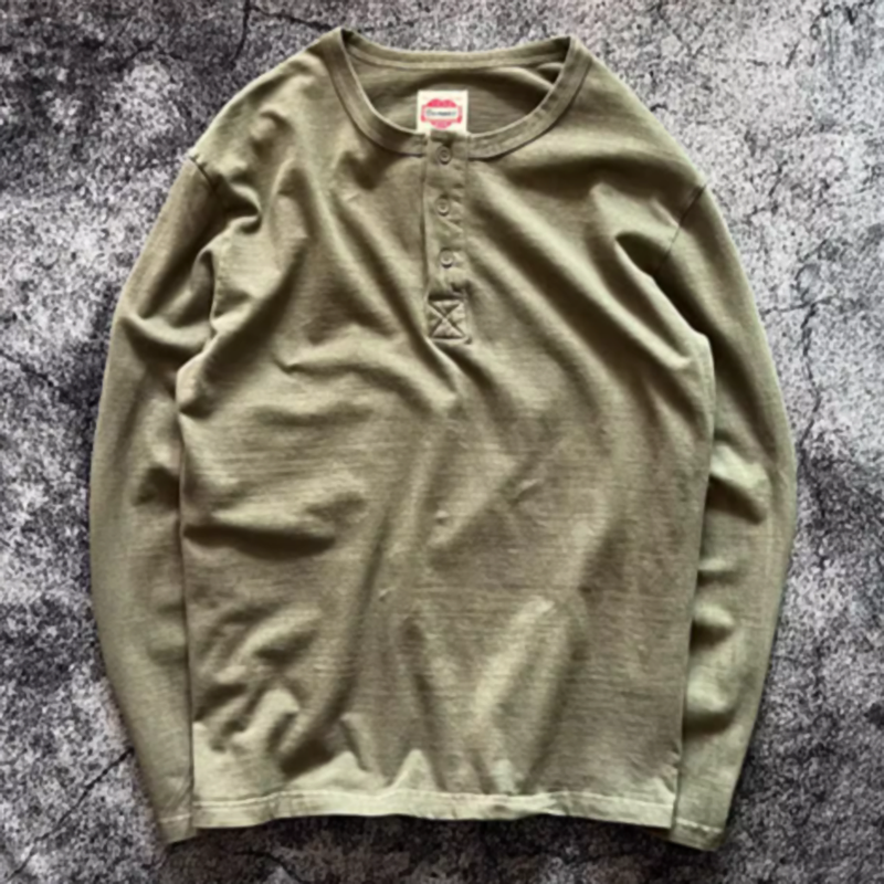 Henley neck retro long sleeve T-shirt V0465