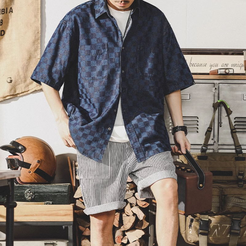Checkered denim shirt V0049
