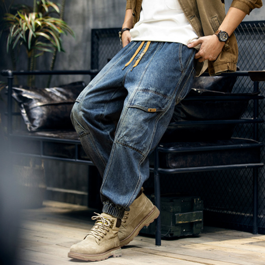 American washed denim jogger pants V0375