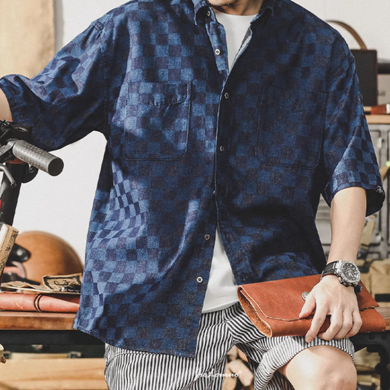 Checkered denim shirt V0049