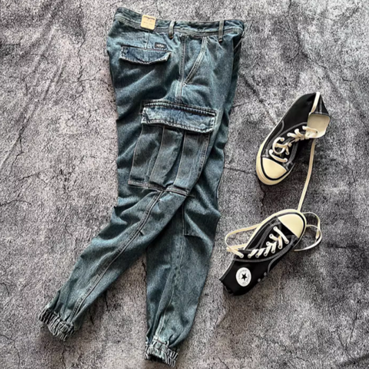 Stonewashed jogger denim pants V0523