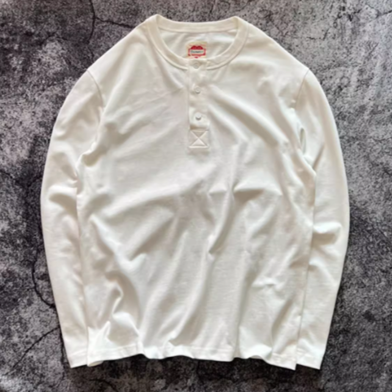 Henley neck retro long sleeve T-shirt V0465