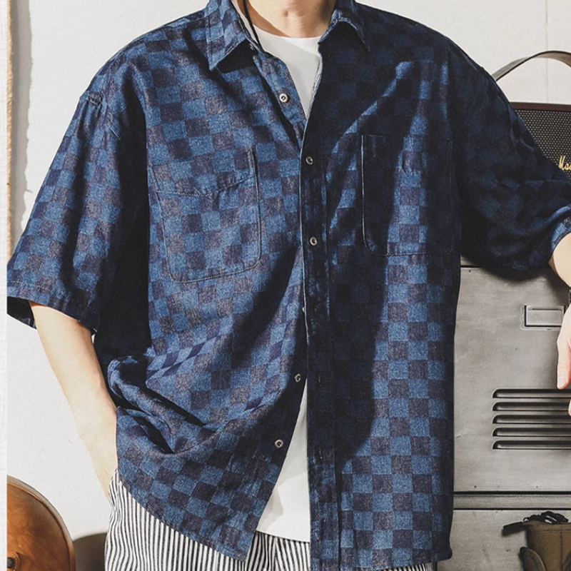 Checkered denim shirt V0049