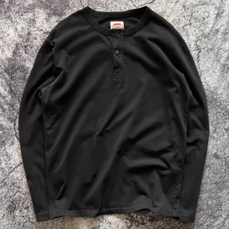Henley neck retro long sleeve T-shirt V0465