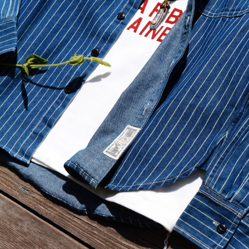Washed striped denim work shirt V0672
