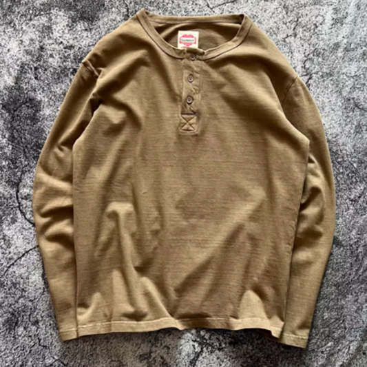 Henley neck retro long sleeve T-shirt V0465