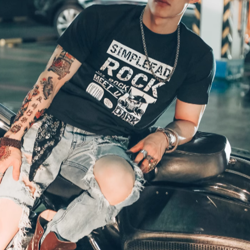 Rock Print Short T-Shirt V0002
