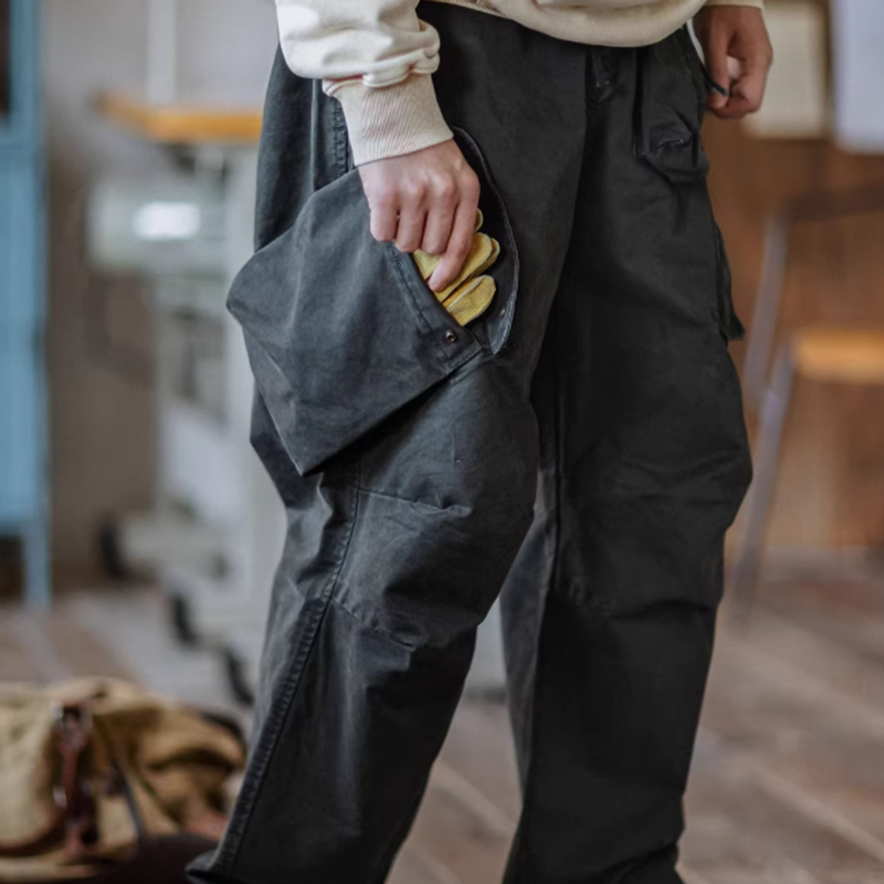 Multi-pocket washed wide pants V0520