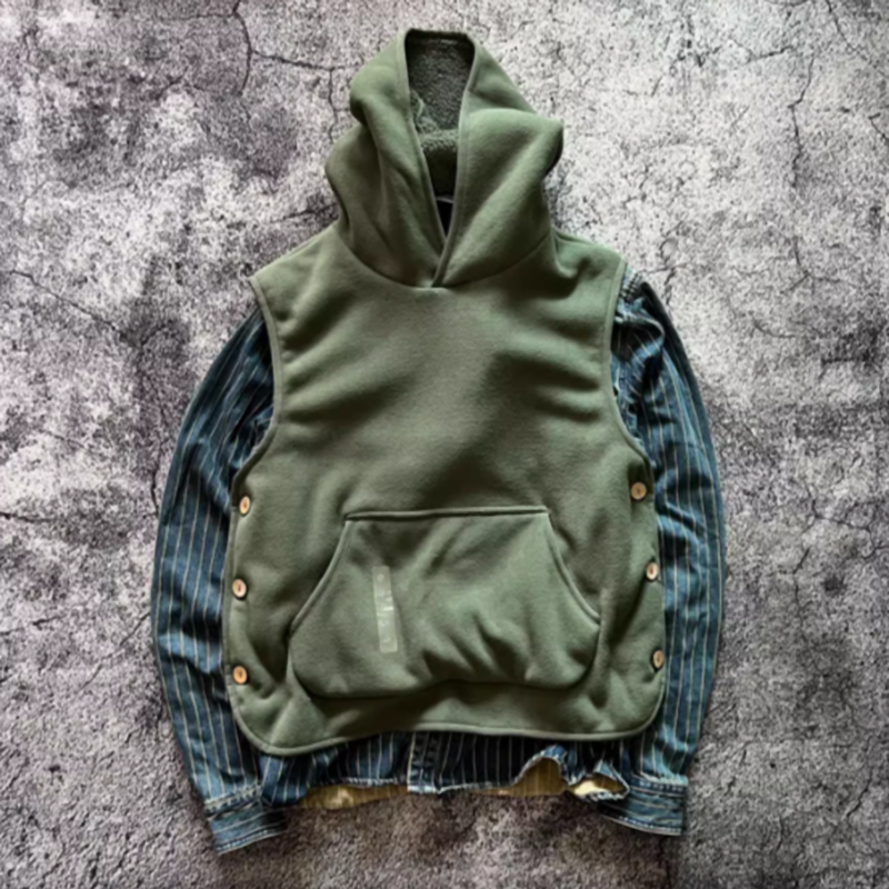 Side button fleece hooded vest V0467
