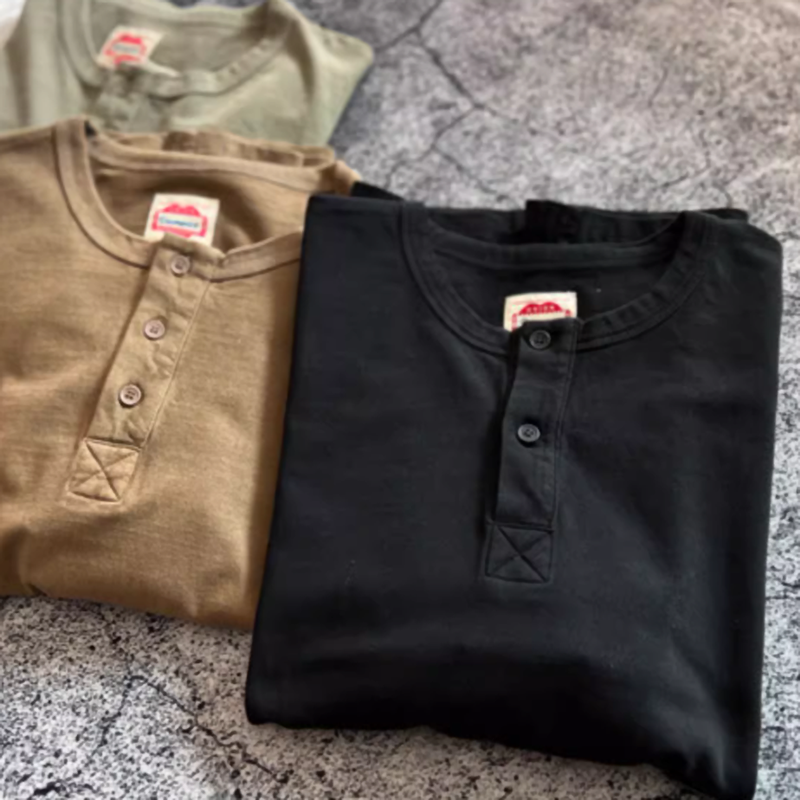 Henley neck retro long sleeve T-shirt V0465