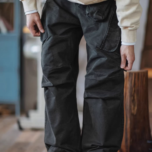 Multi-pocket washed wide pants V0520