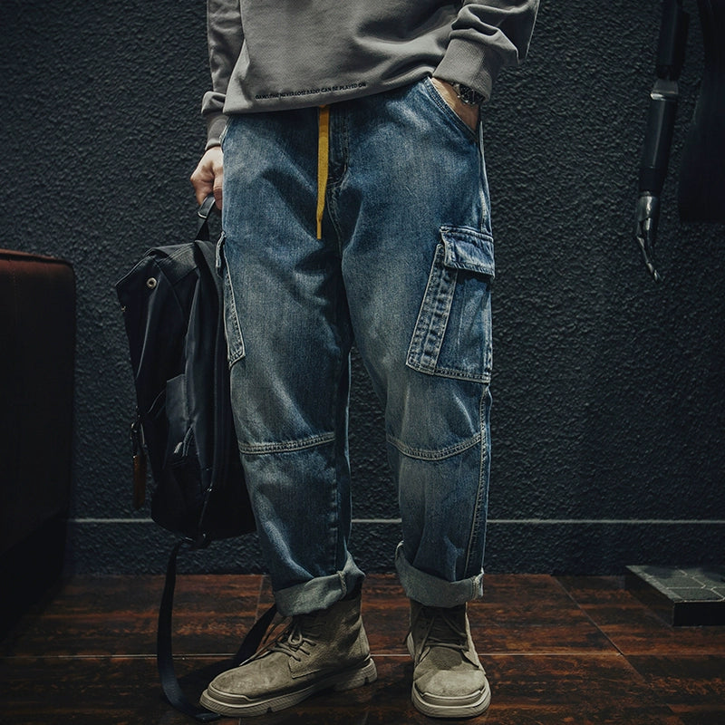 Retro Multi-Pocket Loose Jeans V0767