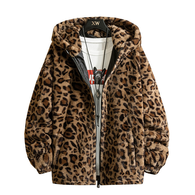 Leopard print hooded fleece jacket V0796