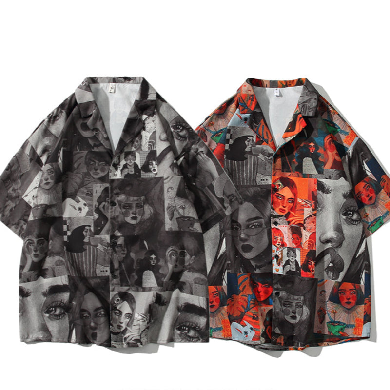 Cuban collar print short sleeve shirt V0546