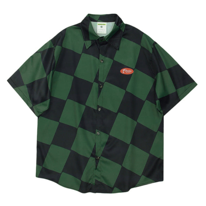 Retro Color Block Oversized Plaid Shirt V0554