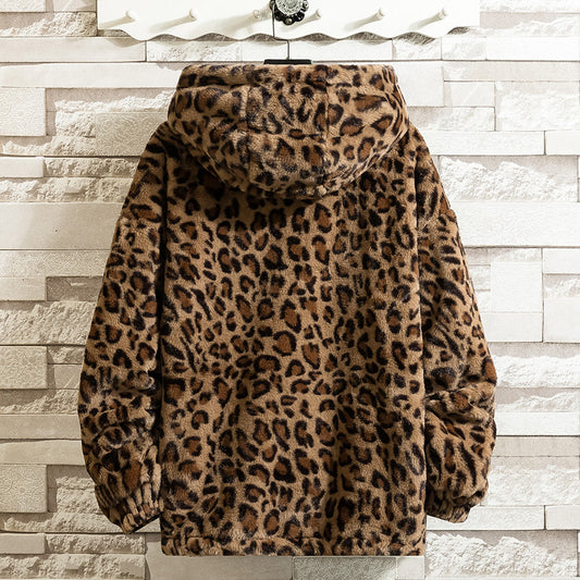 Leopard print hooded fleece jacket V0796
