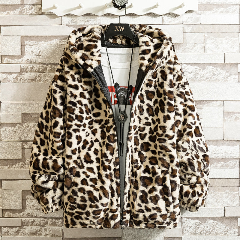 Leopard print hooded fleece jacket V0796