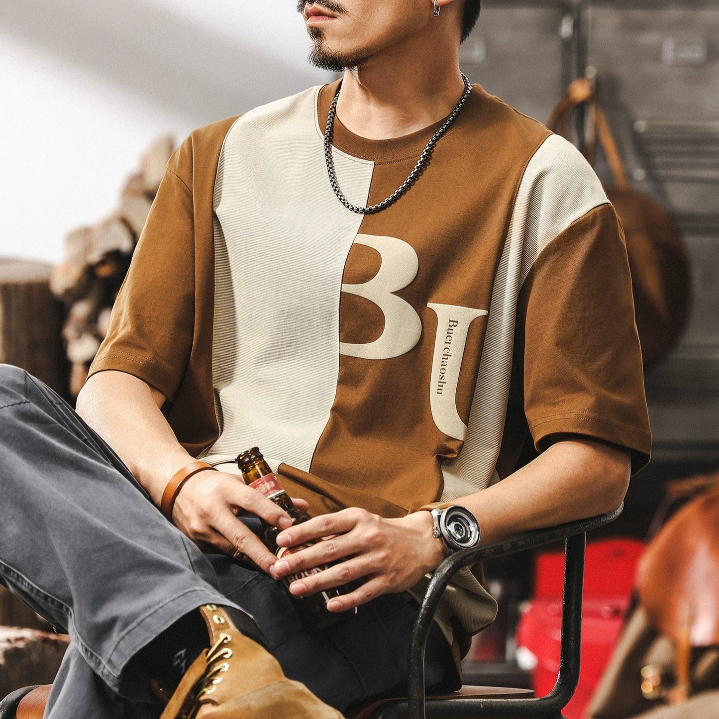 American Retro Bicolor Stitch Tee V0577