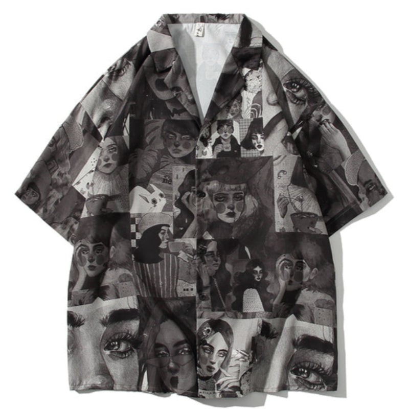 Cuban collar print short sleeve shirt V0546