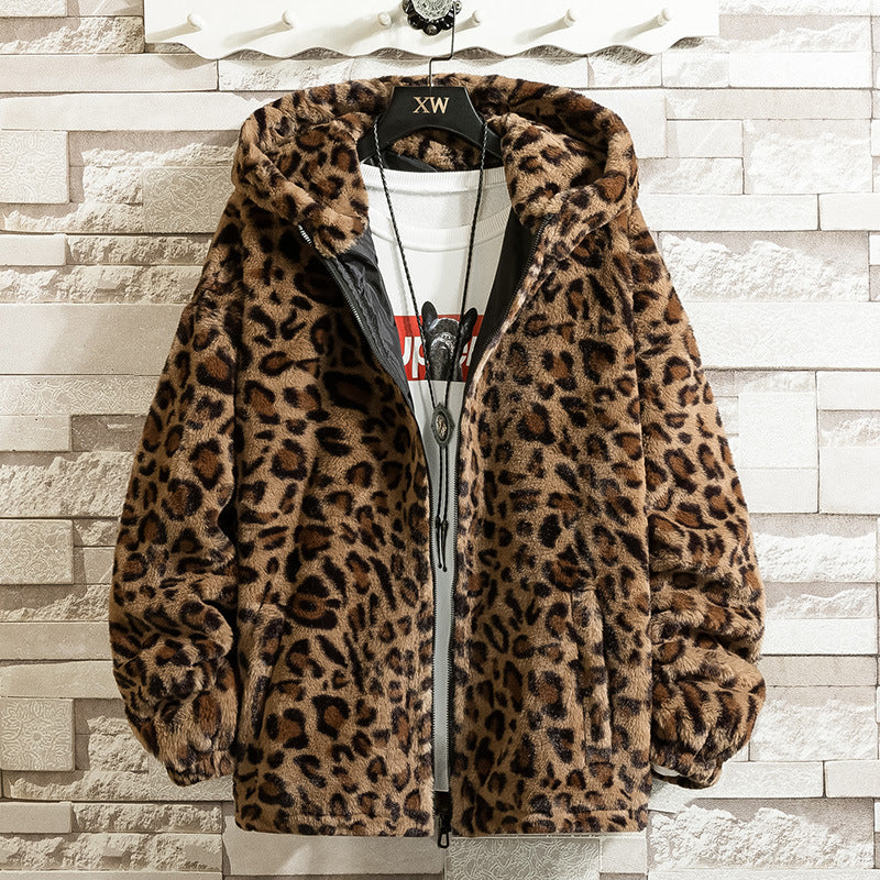 Leopard print hooded fleece jacket V0796