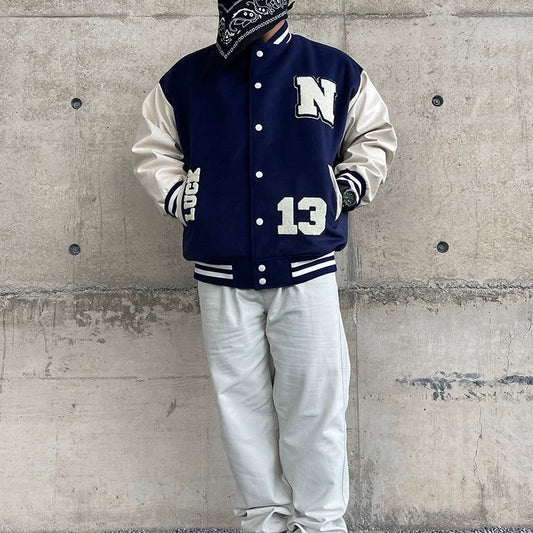 Big size Blue and White Baseball Jacket V0814