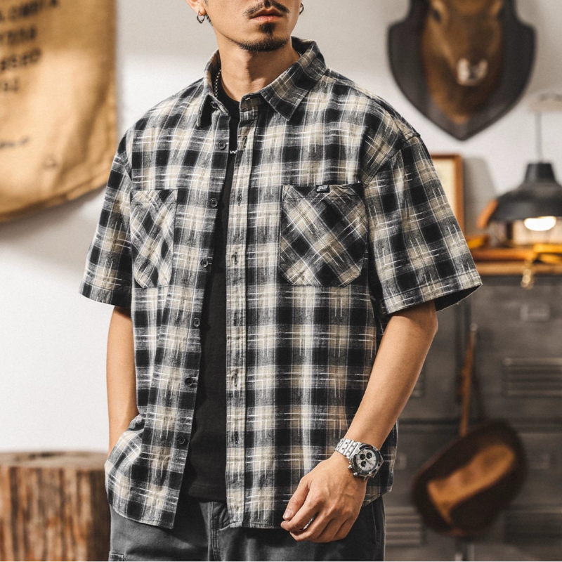 American retro plaid work shirt V0691