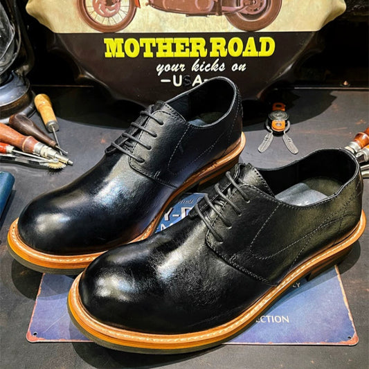 Retro Black Cowhide Derby Shoes V0730