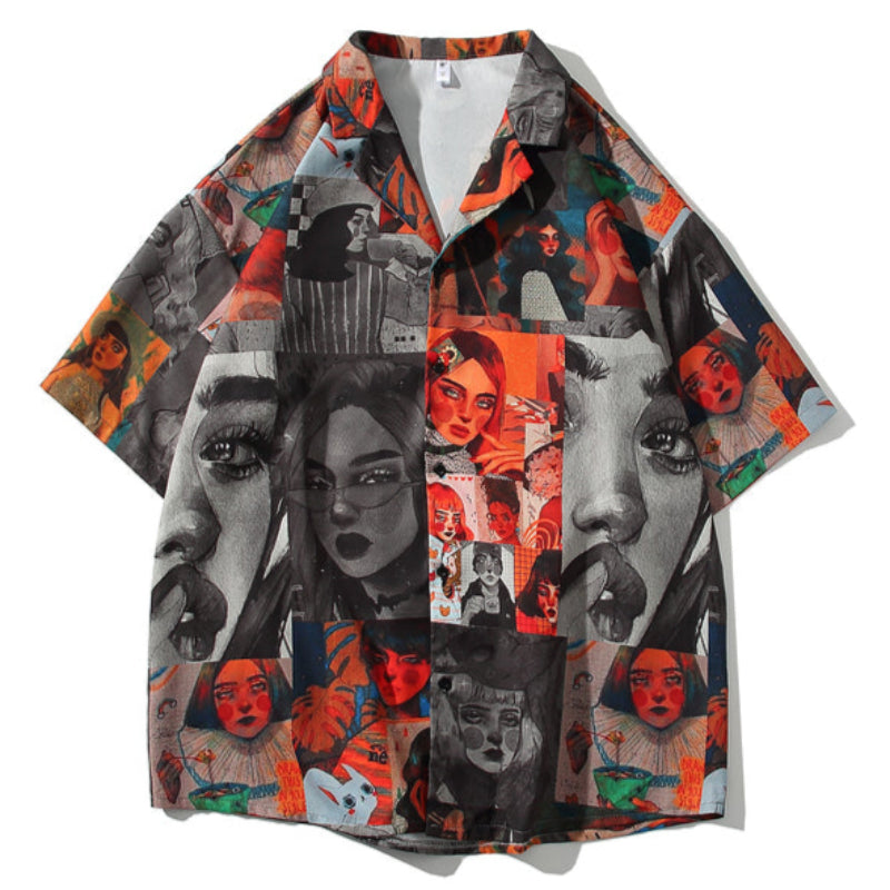 Cuban collar print short sleeve shirt V0546