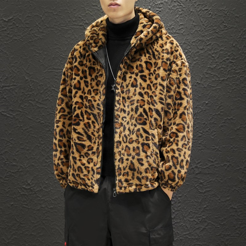 Leopard print hooded fleece jacket V0796