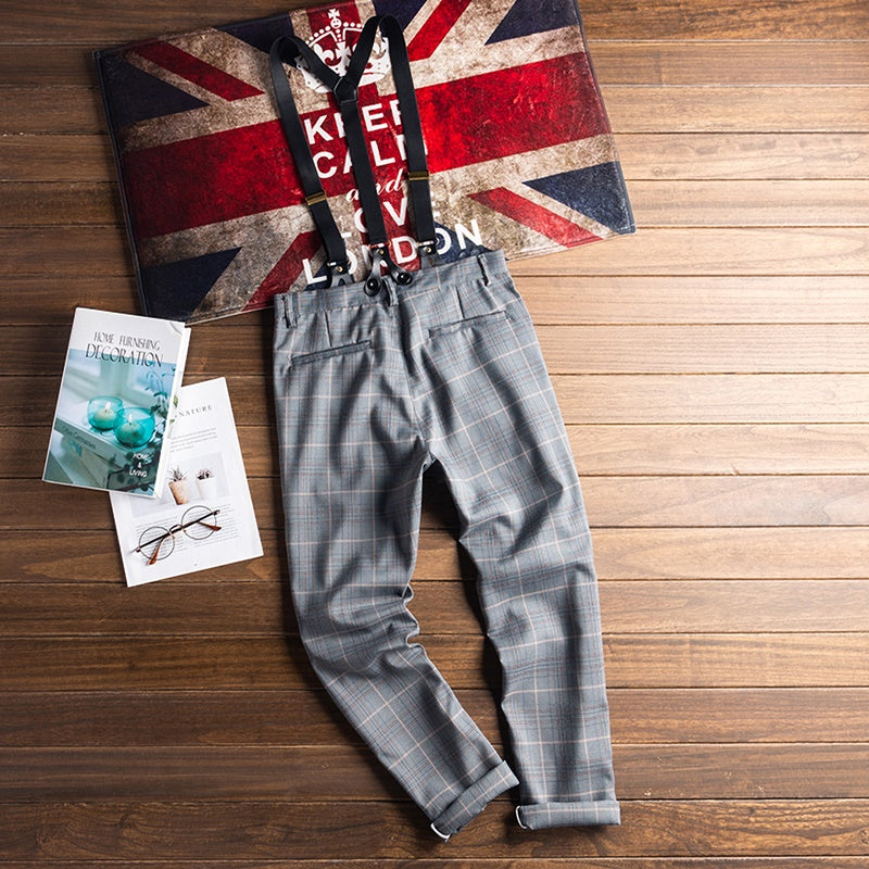 Checked pants with suspenders V0405